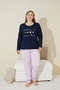Navy Blue Printed Cotton Curve Plus Size King Size Knitted Pajama Set 24240646 - 2
