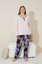 Plus Size Curve Cotton Pajama Set - Pink Print, King Size 24240615 - 2