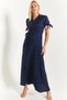 Women's Navy Blue Sleeve Tied Waist Belted Shirt Dress Arm-23y001004 - 2
