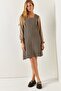 Women's Beige Plaid Square Collar Long Sleeve Dress - 3