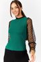 Women's Green Corded Knitwear Sweater with Tulle on Sleeves and Collar ARM-22K001043