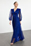 Cobalt Blue A-Cut Tulle Knitted Long Stylish Evening Dress Tprss24Ae00262