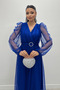 Tulle Fabric Double-Breasted Collar Stone Belt Detail Dress - COBALT BLUE - 4