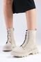 Beige Color Suede Lace-Up and Zippered Thick Soled Women's Boots