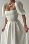 Women's Satin Strapless Neck Pleated Flared Midi Length Short Balloon Sleeve White Evening Dress 167 - 2