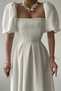 Women's Satin Strapless Neck Pleated Flared Midi Length Short Balloon Sleeve White Evening Dress 167