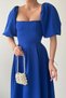 Women's Atlas Fabric Strapless Collar Pleated Flared Cut Midi Length Short Balloon Sleeve Cobalt Blue Evening Dress 167 - 5