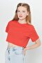 Women's Red Standard Fit Regular Cut 100% Cotton Crew Neck Crop T-Shirt - 3