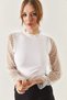 Women's White Corded Knitwear Sweater with Tulle Sleeves and Collar ARM-22K001043 - 3