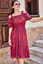 Women's Coral Checkered Floral Patterned Strappy Elastic Waist Dress