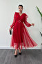 Tulle Fabric Double-Breasted Collar Stone Belt Detail Dress - RED - 2