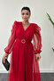 Tulle Fabric Double-Breasted Collar Stone Belt Detail Dress - RED - 3