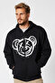 Unisex black cardigan zipper hooded jacket bear drawing design printed cardigan