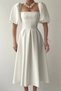 Women's Satin Strapless Neck Pleated Flared Midi Length Short Balloon Sleeve White Evening Dress 167 - 5