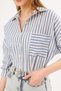 Navy Blue Striped Oversize Pleated Women's Shirt - Long Sleeve, Pocket Detail, ARM-24Y001057 - 4