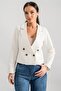 Women's Ecru Double Breasted Collar Gabardine Crop Jacket ARM-24Y001010