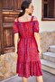 Women's Coral Checkered Floral Patterned Strappy Elastic Waist Dress - 4