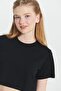 Women's Black Standard Fit Regular Cut 100% Cotton Crew Neck Crop T-Shirt - 4