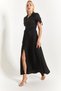 Women's Black Sleeve Tied Waist Belted Shirt Dress Arm-23y001004