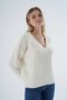 Women's Bone Oversize V-Neck Nopen Thessaloniki Knitted Wool Special Yarn Knitwear Knitted Sweater Trist-6160 - 2