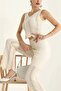 Women's Cream Openwork Sleeveless Crop Blouse Lined Spanish Leg Pants Knitwear Set 2013 - 2