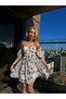 Women's Halter Neck Low Sleeve Strapez Floral Mini Flared Dress