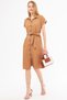 Women's Light Brown Linen Look Belted Short Sleeve Shirt Dress Arm-24Y001084