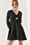 Women's V-Neck Flared Dress with Front Window - 2