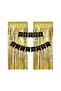 2 Gold Metallic Curtains and 1 Black with Gold Gilded "Happy Birthday" Lettering Set