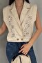 Women's Beige Brode Vest. Cotton Lace Laced Vest - 4
