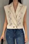 Women's Beige Brode Vest. Cotton Lace Laced Vest - 6