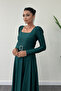 Imported Crepe Satin Fabric Square Collar Kiloş Dress - Emerald Green - 3