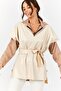 Women's Beige V-Neck Leather Look Blouse Short in Front and Long in Back Belted Blouse ARM-21K001054