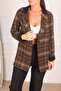 Women's Brown Collar Detailed Plaid Oversize Cashew Jacket ARM-24K001029