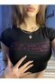 Women's Crop Bodysuit with Black and Pink Glitter Stones Cosmic Writing - 2