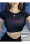Women's Crop Bodysuit with Black and Pink Glitter Stones Cosmic Writing