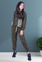 Love City Printed Zippered Girls' Hooded Double Pocket Khaki Green Tracksuit Set