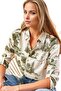Women's Nostalgic Forest Green Patterned Viscose Shirt with Buttons - 5