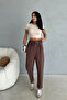 Brown Raw Linen Elastic Waist Trousers
