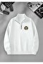 White Unisex Winter Sweatshirt - Half Zipper, 3 Thread, Fleece, Stand Collar - 2