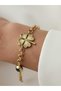 STEEL BRACELET, CLOVER DESIGN, EVIL EYE BEAD DETAIL, STAINLESS GOLD. - 2