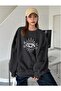 Eye Eye Winter Thick Sweatshirt - Black Printed Oversize Ribbed Crew Neck