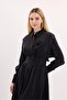 Black Moi Belted Dress with Flower Accessories - 2