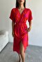 Women's Red Deep V-Neck Summer Long Front Slit Viscose Dress - 2