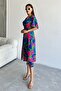 Women's Blue Deep V-Neck Summer Long Front Slit Viscose Dress - 5