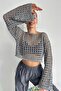 Women's Gray Openwork Perforated Crop Knitwear Blouse