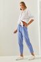 Women's Blue and White Striped Elastic Waist Tied Carrot Pants 60251354 - 7