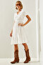 Women's Ecru V-Neck Muslin Fabric Short Sleeve Basic Dress 2282 60251464