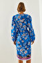Women's Blue Double Breasted Collar Floral Patterned Asymmetrical Cut Belted Dress 22181 60251627 - 2