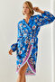 Women's Blue Double Breasted Collar Floral Patterned Asymmetrical Cut Belted Dress 22181 60251627 - 5